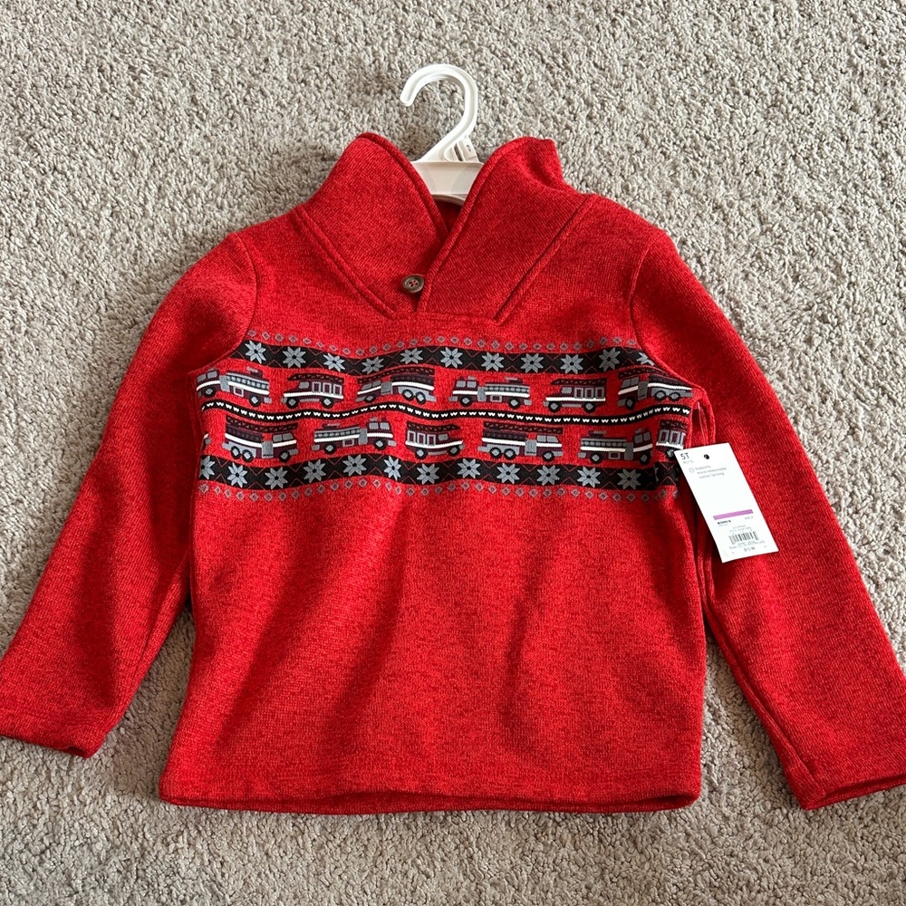 Jumping Beans Red Sweater with Fire Truck Pattern
